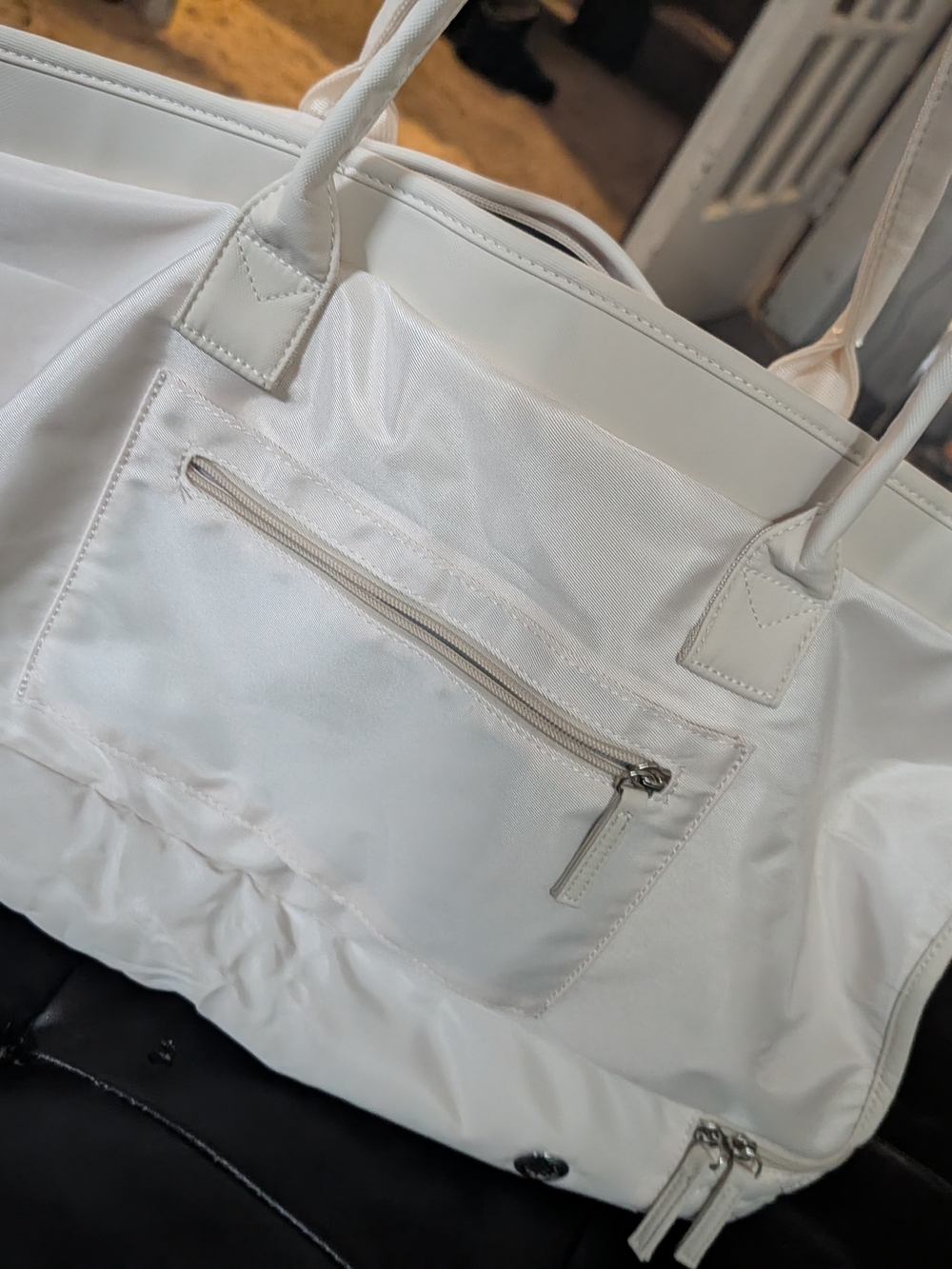 Women's White Tote Bag with Front Zip Pocket